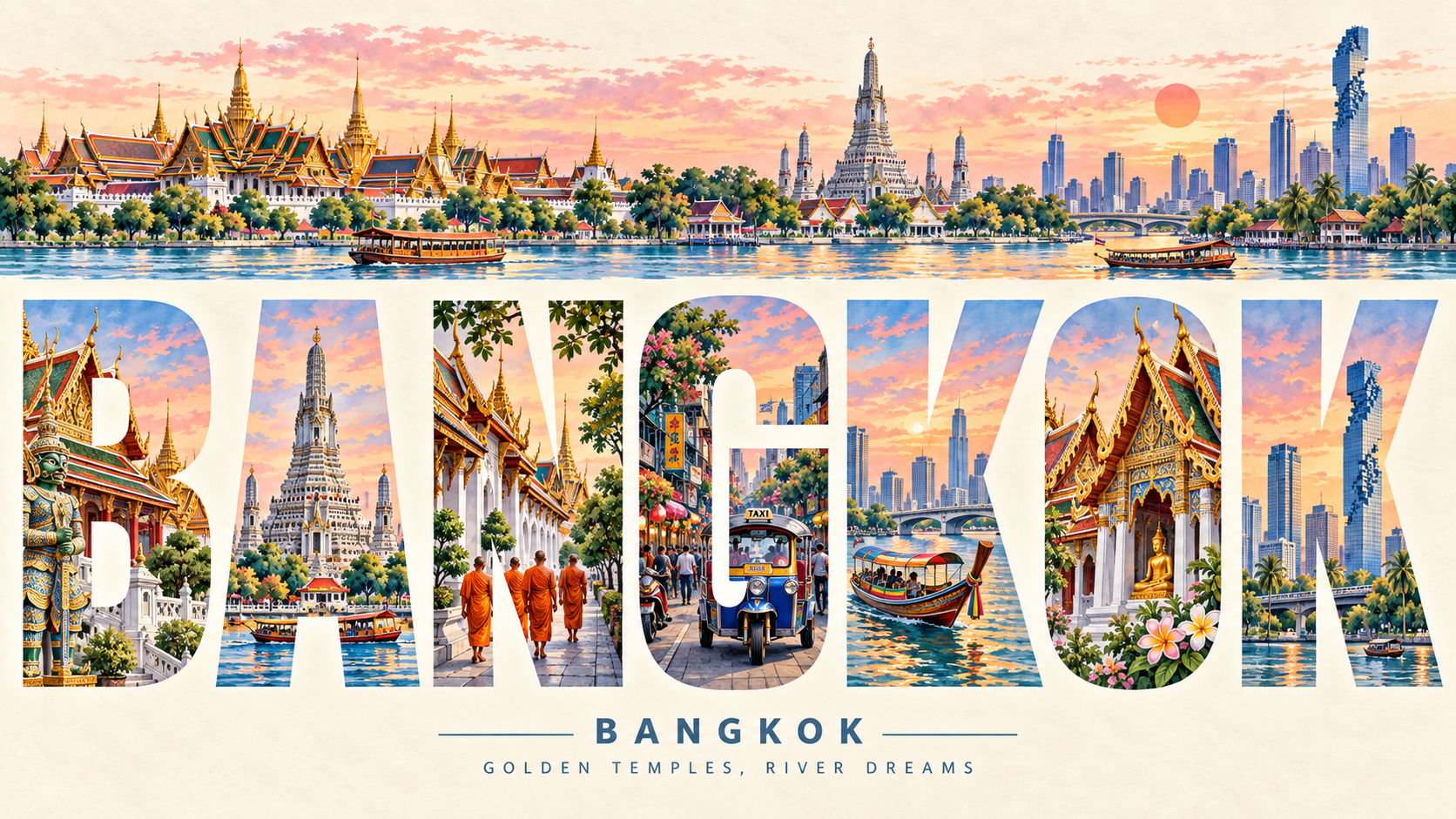彩繪明信片：夕陽下的河岸與曼谷天際線，大型「BANGKOK」字母中呈現寺廟、河上船隻、嘟嘟車與僧侶。